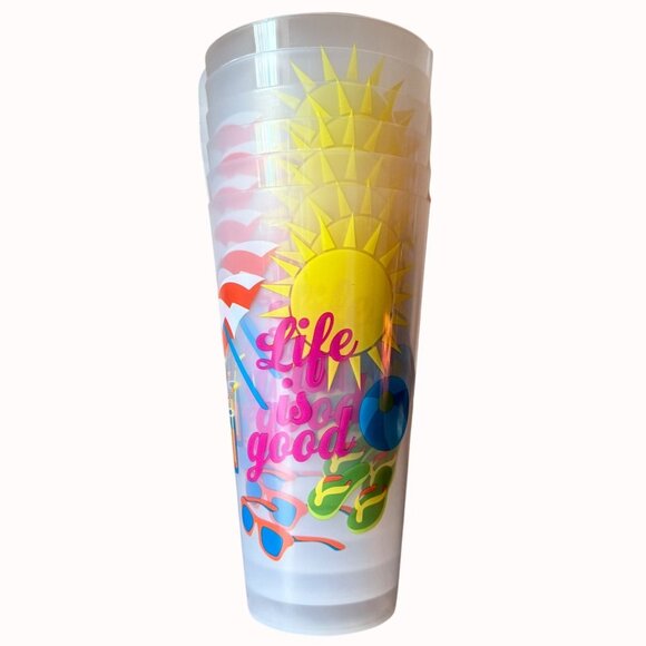 Summer Vibe Plastic Tumblers Set of 6 Life Is Good Drinkware Beach Colorful Cups - Picture 1 of 13